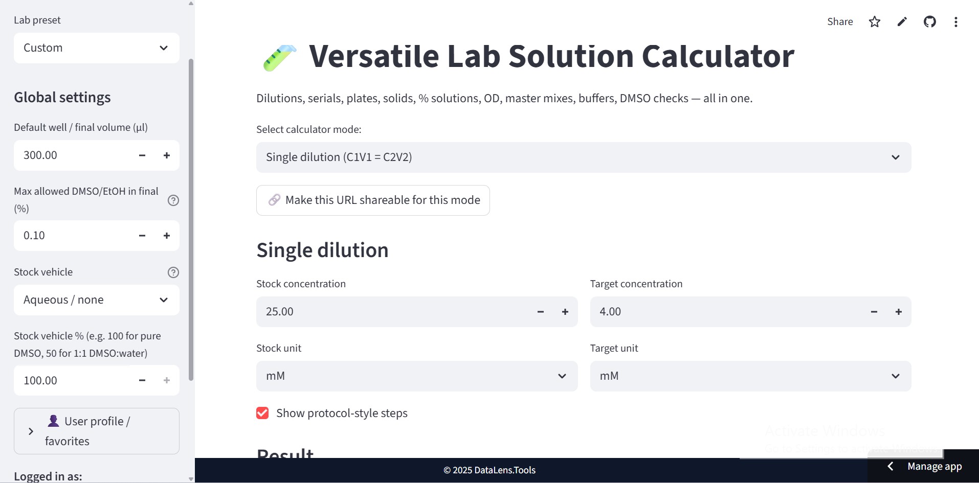 Lab solution calculator interface for dilutions, plates, and DMSO checks