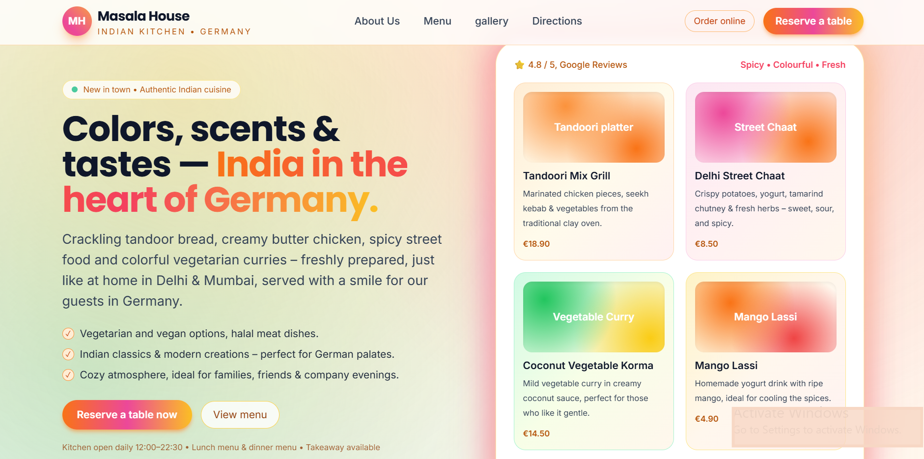 MasalaHaus – Indian restaurant desktop landing page preview
