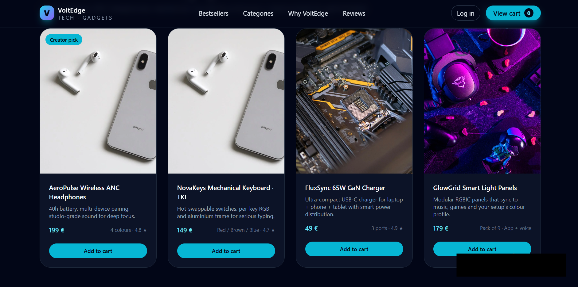 VoltEdge Tech – tech gadgets store desktop homepage preview